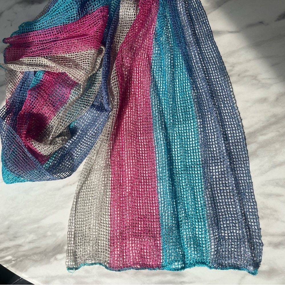 Vintage Accessory Street ITALY Mesh Striped Knit Scarf in blue purple pink VTG - Picture 3 of 4